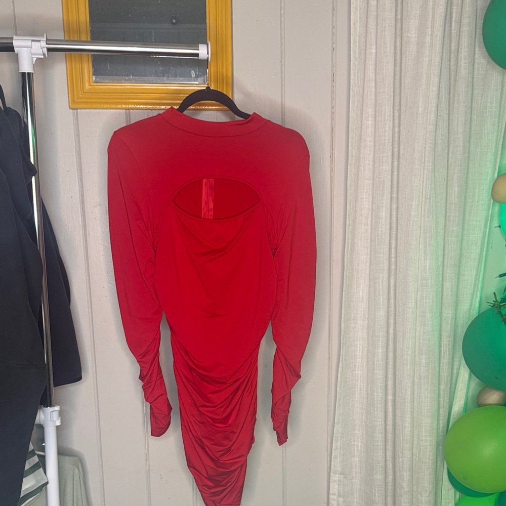 Red Long Sleeve Ruched Dress